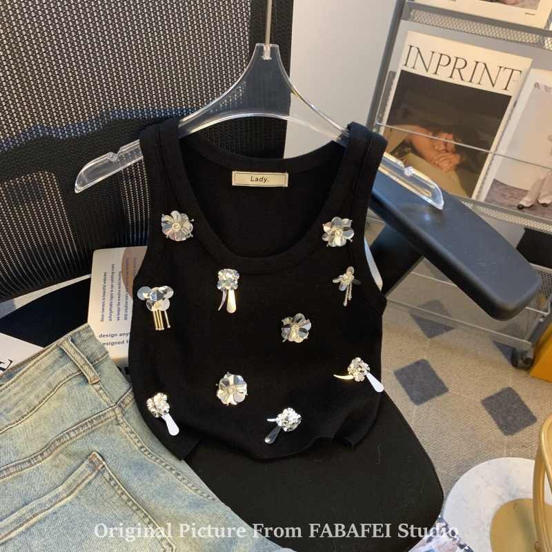 ผู้หญิงเกาหลี Pure Desire Design สีดํา Heavy Industry Sequined ถักเสื้อกั๊กผู้หญิง 2025 ฤดูใบไม้ผลิฤ