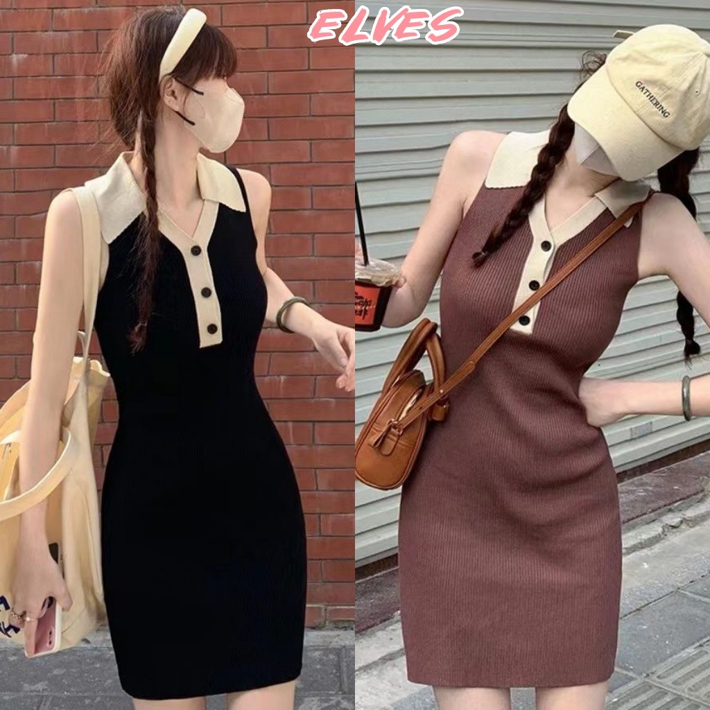 Elves✨พร้อมส่ง✨ ชุดเดรสไหมพรม คอปกแขนกุด ทรงเอรัดรูปใส่สบาย ~Y2607~