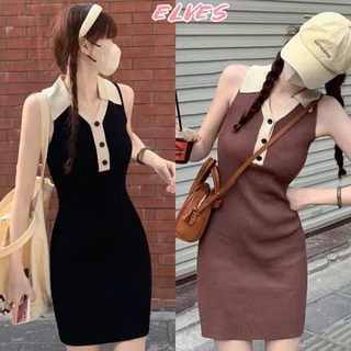 Elves✨พร้อมส่ง✨ ชุดเดรสไหมพรม คอปกแขนกุด ทรงเอรัดรูปใส่สบาย ~Y2607~