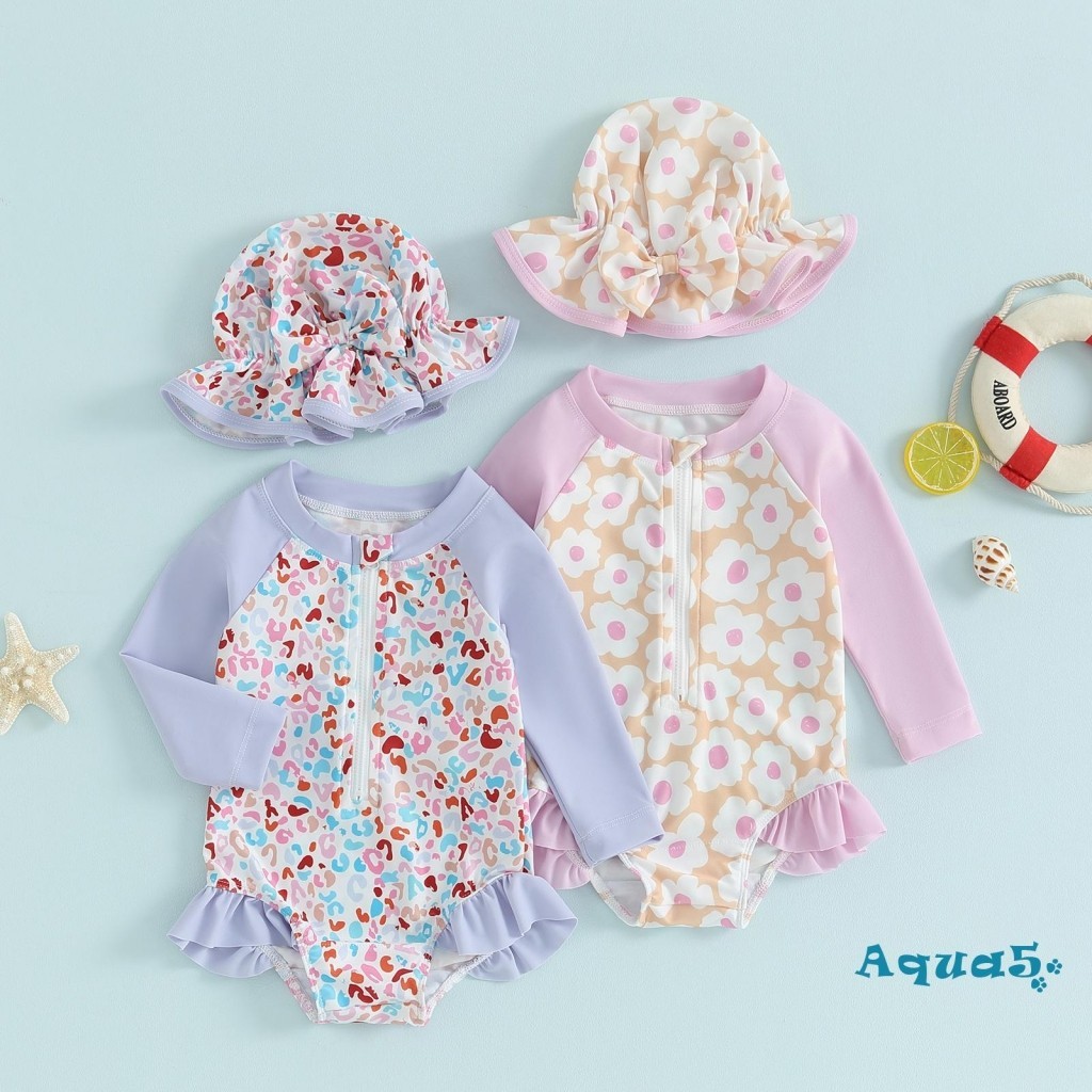 Aqq-เด็กวัยหัดเดิน เด็กผู้หญิง ผื่น การ์ด ชุดว่ายน้ํา ชุดรอมเปอร์ แขนยาว เย็บปะติดปะต่อกัน ลายดอกไม้ ชุดว่ายน้ํา ระบาย เด็กทารก พร้อมหมวกว่ายน้ํา