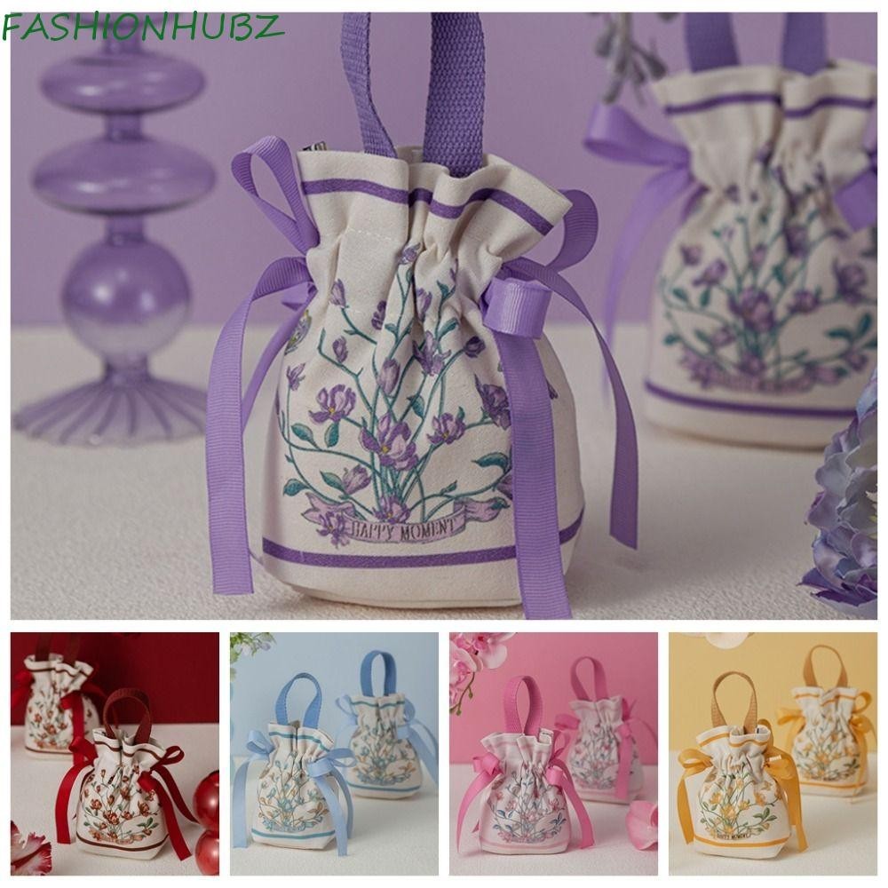 Fashionhubz กระเป๋าผ้าใบหูรูด ลายดอกไม้ ตาข่ายซาติน โบว์ ขนาดเล็ก ความจุเยอะ แฟชั่นสไตล์เกาหลี เทศกาล น้ําตาล กลางแจ้ง