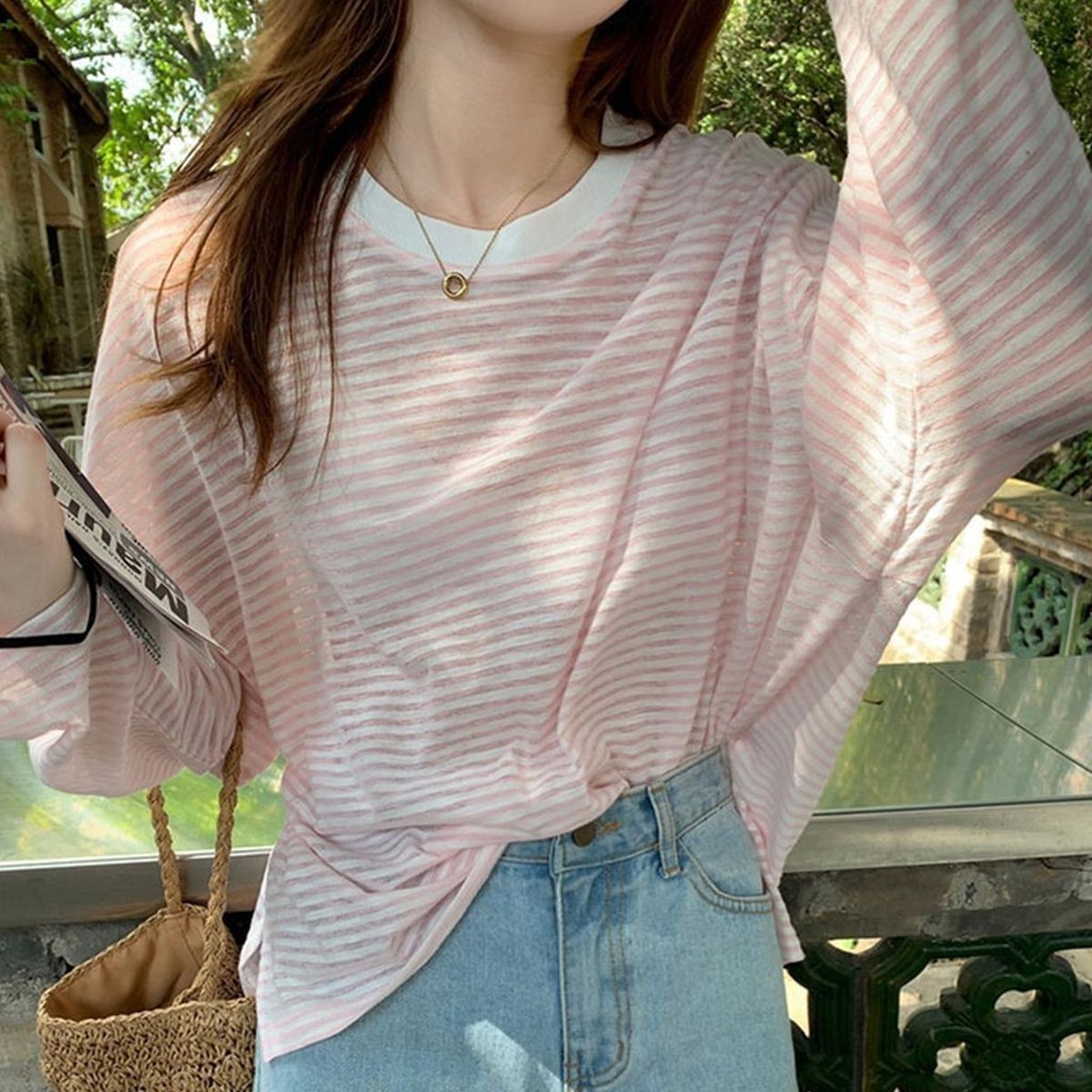 Dahong 2630 เสื้อตัวลายทางยืดแขนยาว เสื้อแขนยาวลายทางสไตล์เกาหลี งานผ้าบางใส่สบาย แฟชั่นฤดูร้อน ฟรีไซส์