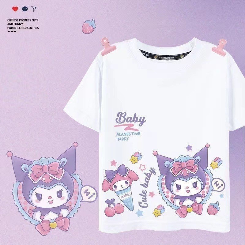 Kuromi ใหม่ เสื้อแขนสั้น ผ้าฝ้ายแท้ ลายเมโลดี้ แฟชั่นฤดูร้อน สําหรับเด็กผู้หญิง 2024