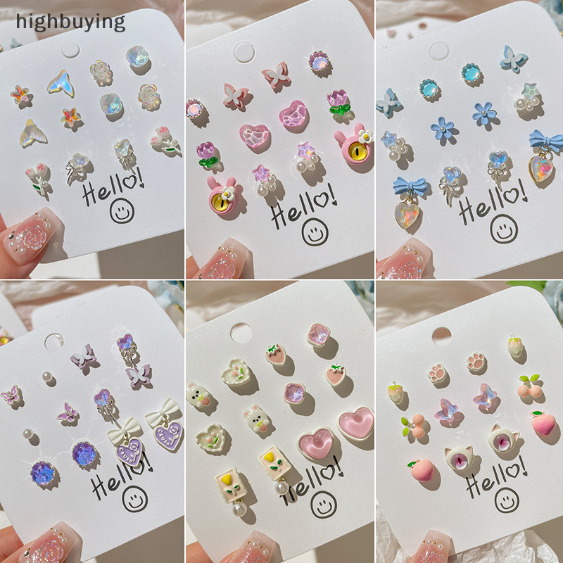 [ซื้อสูง] 1เซ็ตน่ารักที่มีสีสันหัวใจเงาหินรูปร่างต่างหูสตั๊ดสําหรับผู้หญิงสาวแฟชั่นต่างหูเครื่องประดับพรรคของขวัญหุ้นใหม