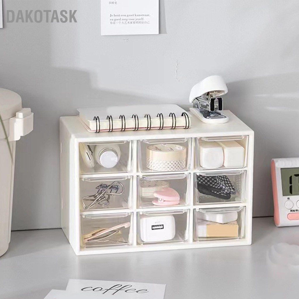 DAKOTASK สก์ท็อปออแกไนเซอร์ 9 ลิ้นชักกันฝุ่นมัลติฟังก์ชั่ทำความสะอาดง่ายกล่องเก็บโต๊ะสำหรับเครื่องประดับแต่งหน้าสำนักงานโรงเรียนบ้าน