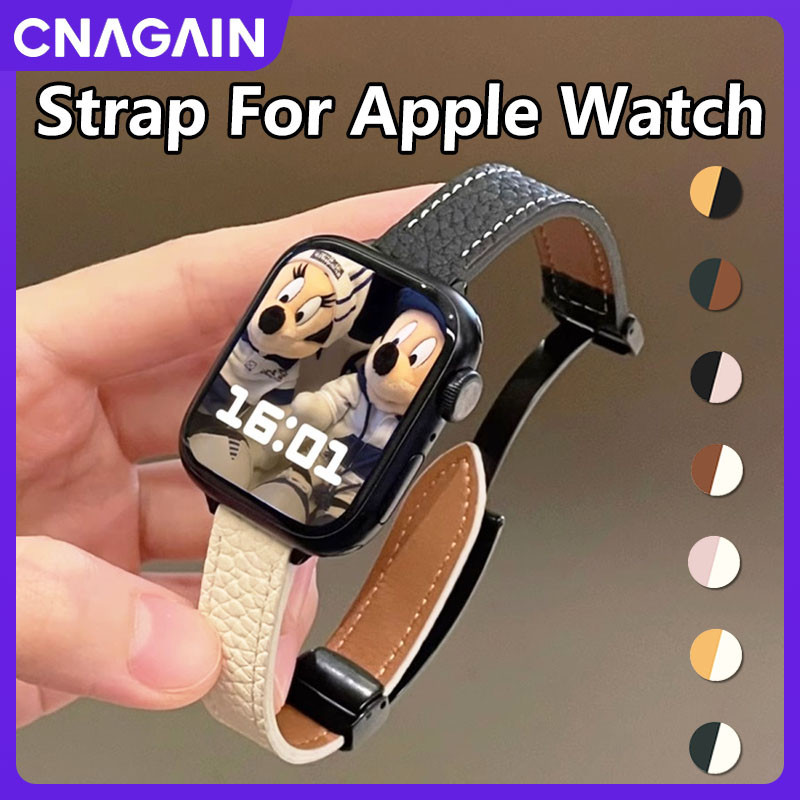 Cnagain สายนาฬิกาข้อมือหนังนิ่ม แบบพับได้ สองสี สําหรับ iWatch Ultra SE 2 Series 9 8 7 6 5 4 3 2 1 Apple Smart Watch 49 มม. 45 มม. 41 มม. 44 มม. 40 มม. 42 มม. 38 มม.