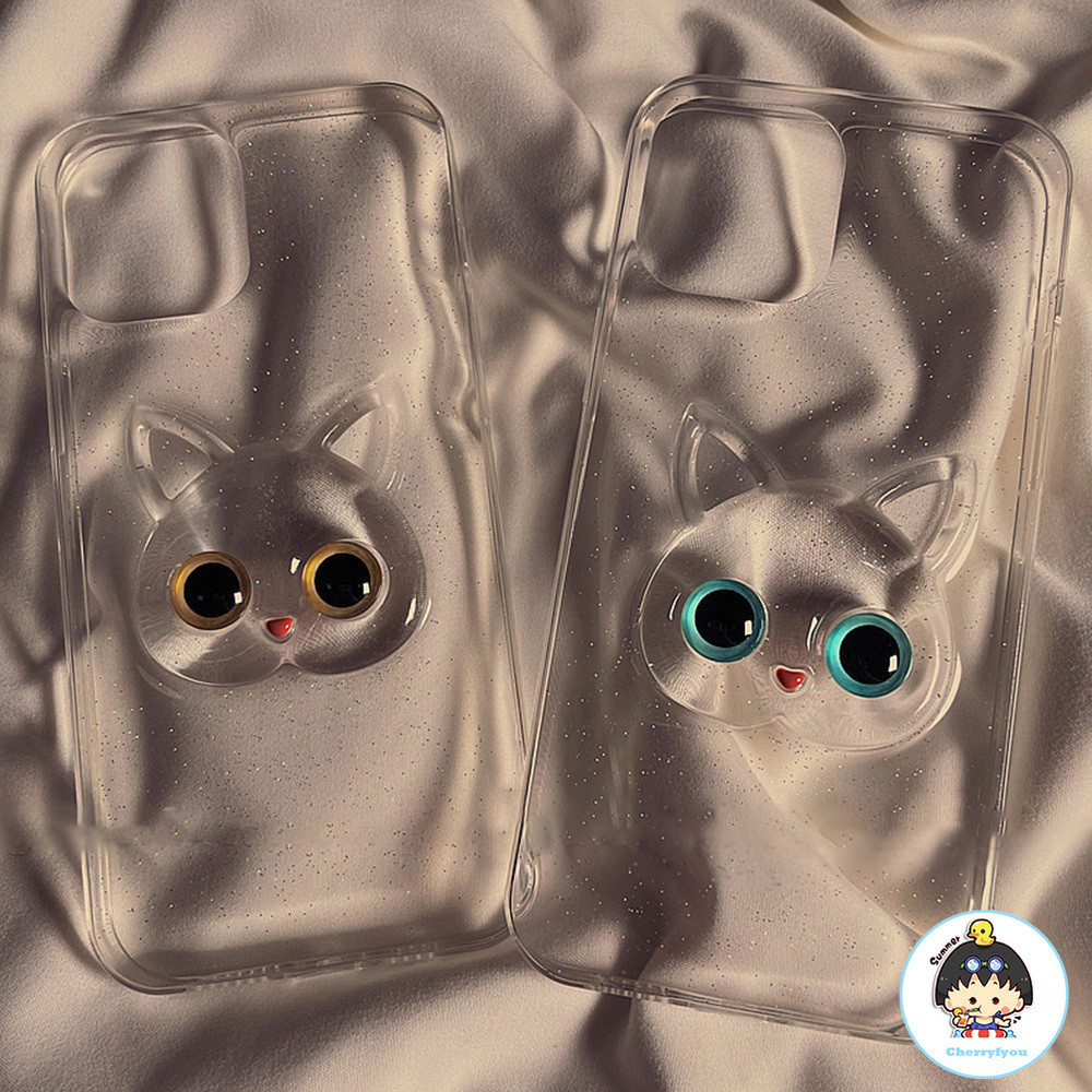 เคสโทรศัพท์มือถือแบบนิ่ม TPU ใส กันฝุ่น บางมาก ลายกลิตเตอร์ตาแมว 3D สําหรับ IPhone 14 13 12 11 Pro Max XS XR 8 7 Plus