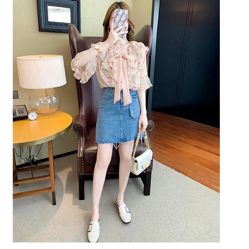 เสื้อชีฟองลายดอกไม้สไตล์ฝรั่งเศสแขนสั้น thumbnail 7