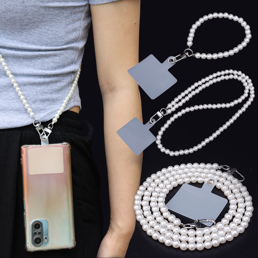 Long Pearl สายคล ้ องโทรศัพท ์ Lanyard Chain สําหรับผู ้ หญิงโทรศัพท ์ มือถือกรณีแขวนสายไฟ Anti Loss สายรัดข ้ อมือคอเครื ่ องประดับแขวนเชือก