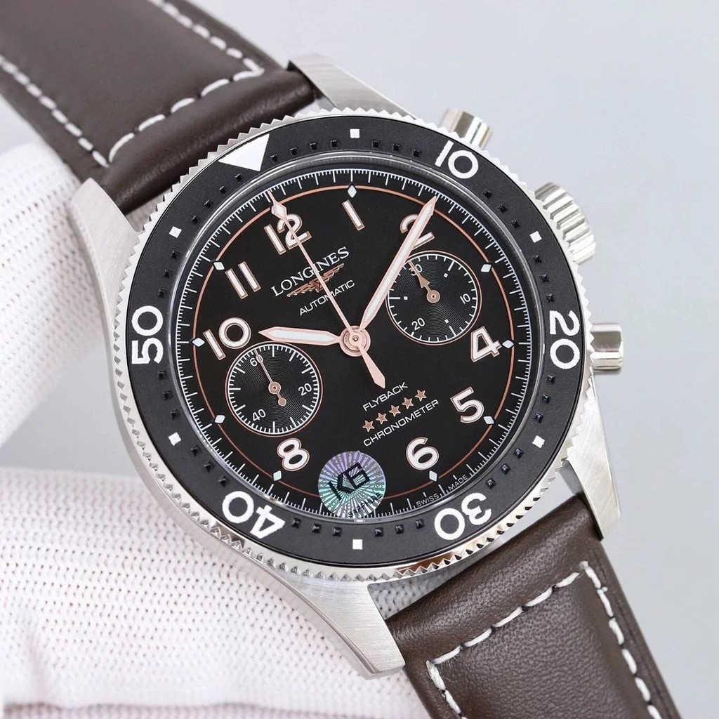[ คุณภาพสูง ] LONGINES Pioneer Sports Series นาฬิกาข ้ อมือ Flying Back Chronograph นาฬิกาผู ้ ชายนาฬิกา 42 มม . 100 ม . กันน ้ ํา 2-Way หมุนเซรามิค Matte Frosted แหวน Sapphire กระจก NATO Fabric/Stainless Steel/สายหนังแท ้ 7750 ถึง L791 ไขลานอัตโนมัติการเ