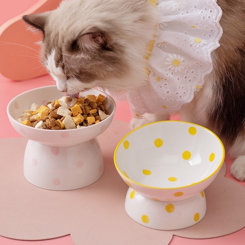 Neck Protection Pet Bowl Hepburn Style Polka Dot Cat Bowl Ceramic High-Foot Spine Protection Pet Bow