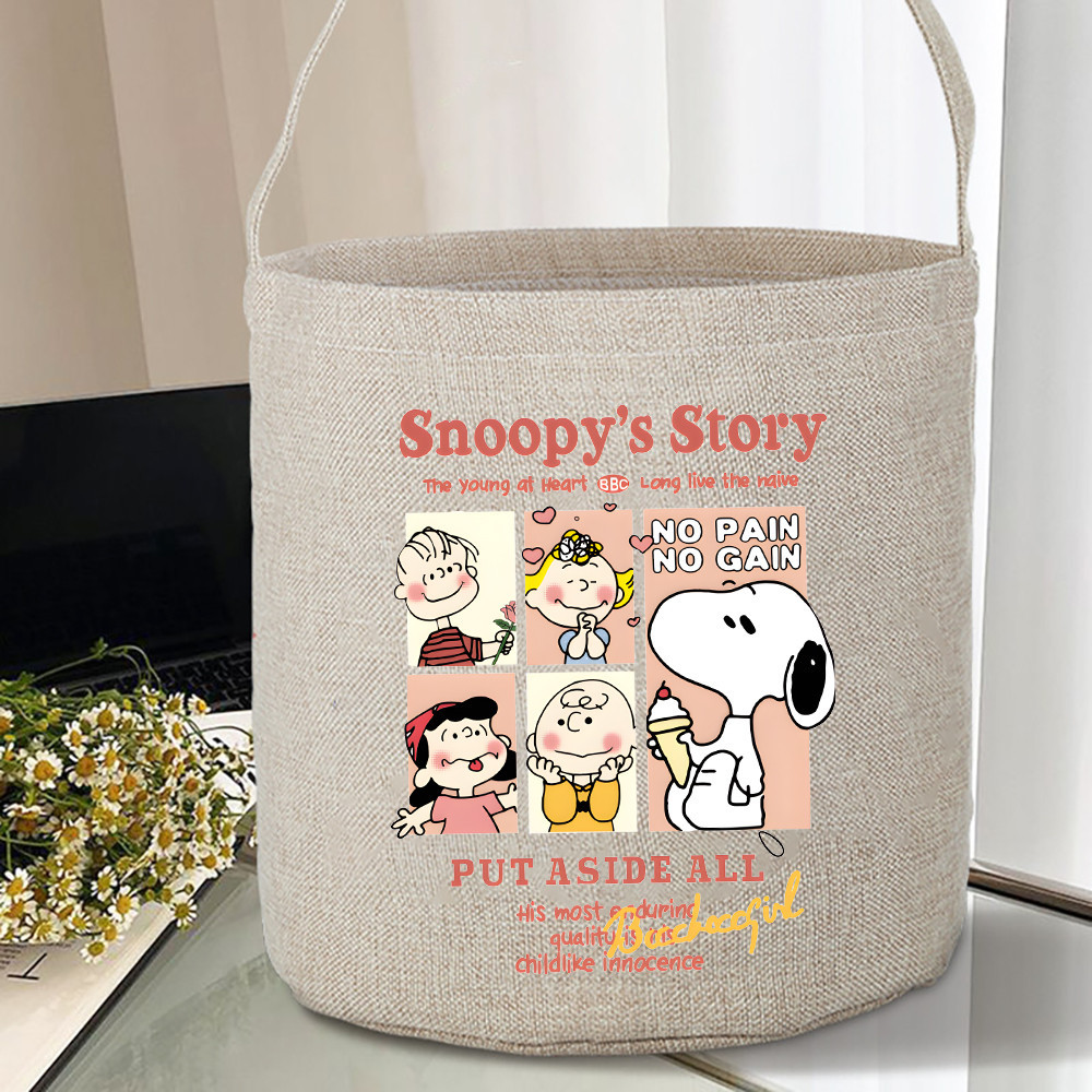 Snoopy พิมพ์การ์ตูน Jute กระเป๋าถือผ้า Candy กระเป๋าข้างเดียว Tote Bucket Bag กระเป๋าช้อปปิ้งชายหญิงน่ารัก Tote Bag