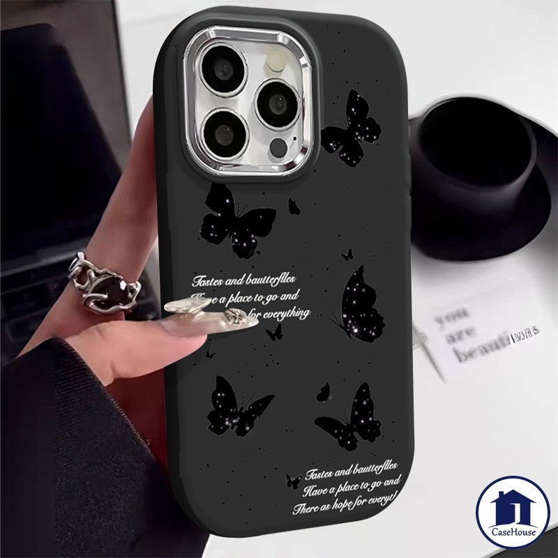 เคสเลนส์โลหะชุบสีลูกกวาดผีเสื้อสีดำเข้ากันได้สำหรับ iPhone 11 Pro Max XR 7 8 Plus 15 13 12 14 Pro Max X XS Max 14 15Plus