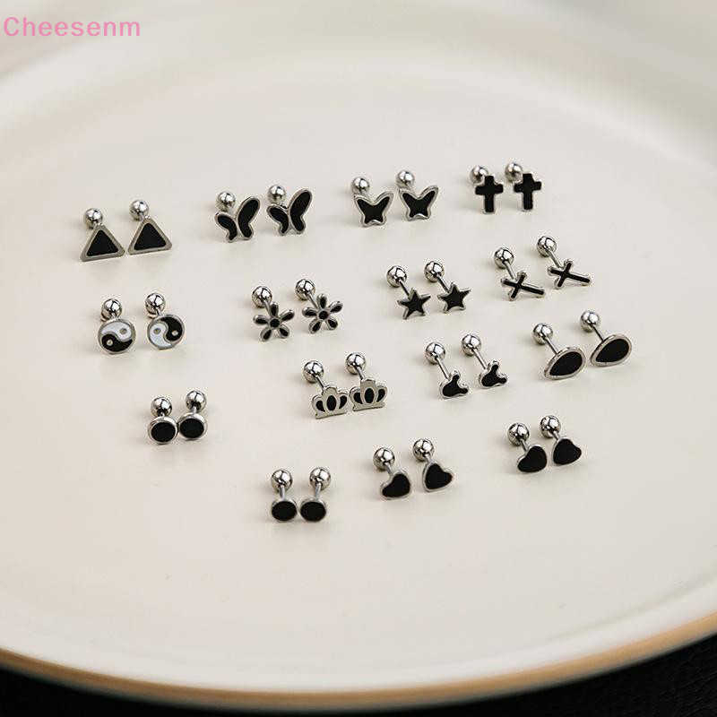 Cheesenm เงินสีดํา Heart Star รอบต่างหูสตั๊ดขนาดเล็กสําหรับผู้หญิงหู Studs เครื่องประดับ TH