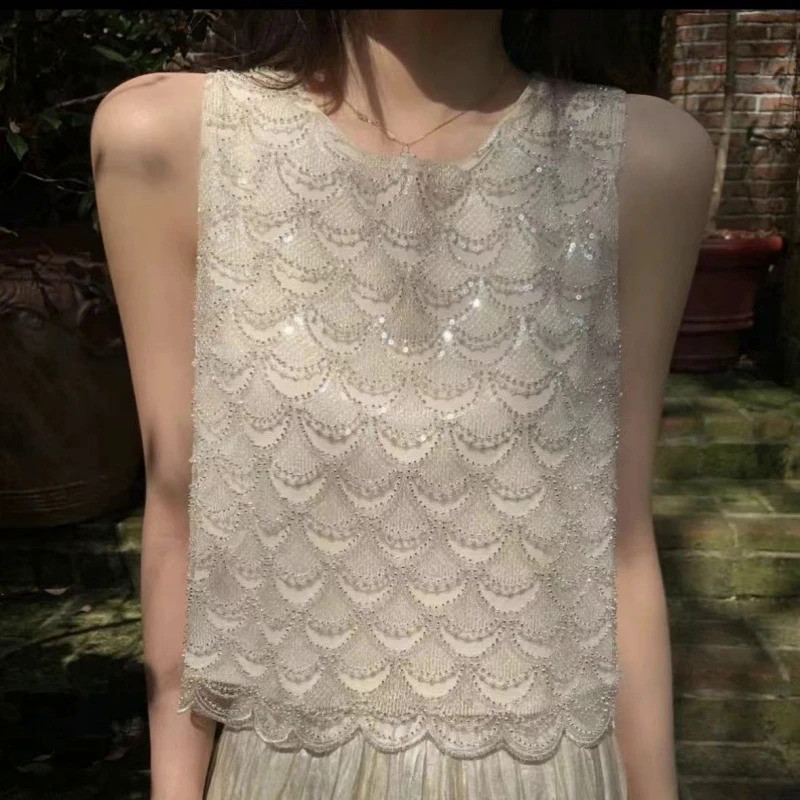 Bling Bling Sequined Tanks Tops ผู ้ หญิงแฟชั ่ นอุตสาหกรรมหนักสองด ้ านลูกปัดเสื ้ อกั ๊ กวันหยุด Leisure ลูกปัดชีฟองด ้ านบน