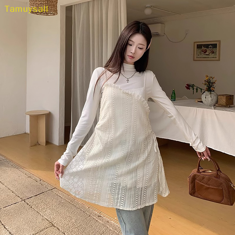 [TAMU ] ผู ้ หญิงลูกไม ้ Hollowed-out Drawstring สปาเก ็ ตตี ้ ชุดเดรสมินิลําลอง YSA