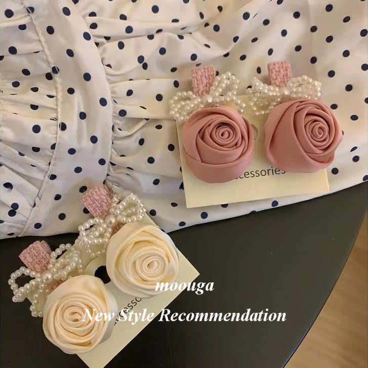 Moouga/pearl Rose Hair Clip ~Satin High-End Bow Side Clip สไตล ์ ใหม ่ ดอกไม ้ อุปกรณ ์ เสริมผม