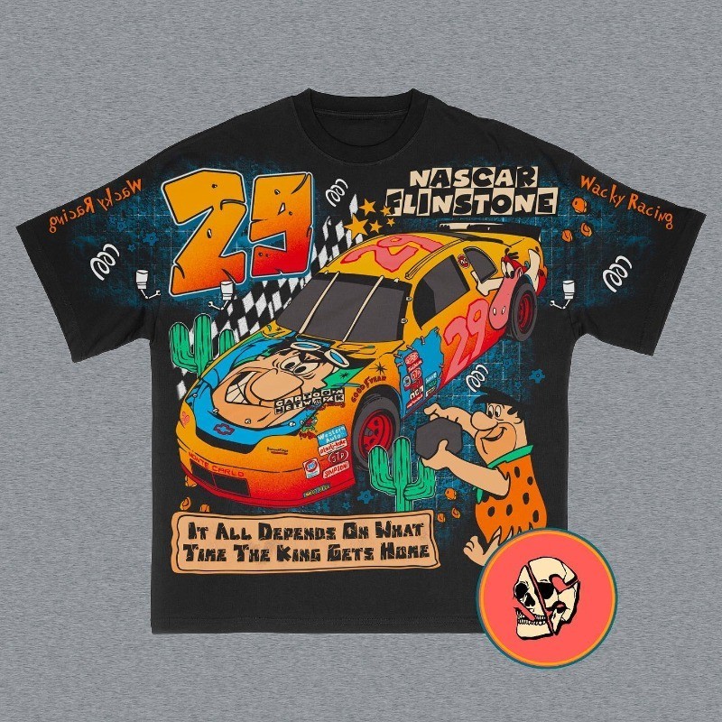2024 New American Street Retro Personality Anime Cartoon Car Letter Printed T-shirt Men Y2k Harajuku