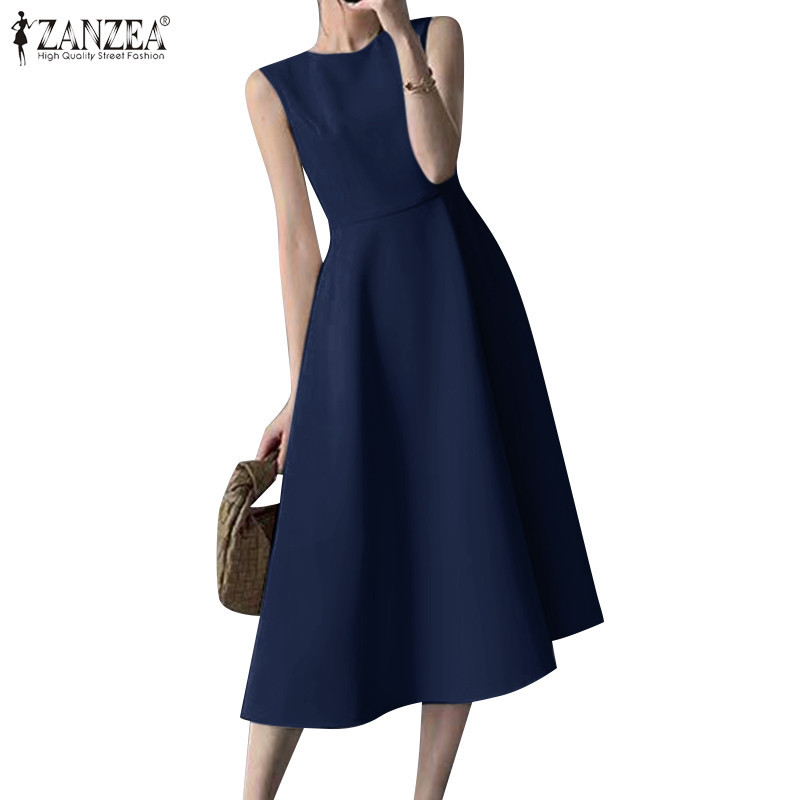 Zanzea ผู ้ หญิงเกาหลี Elegant Fit X Shape ชุดเดรสคอกลมแขนกุด