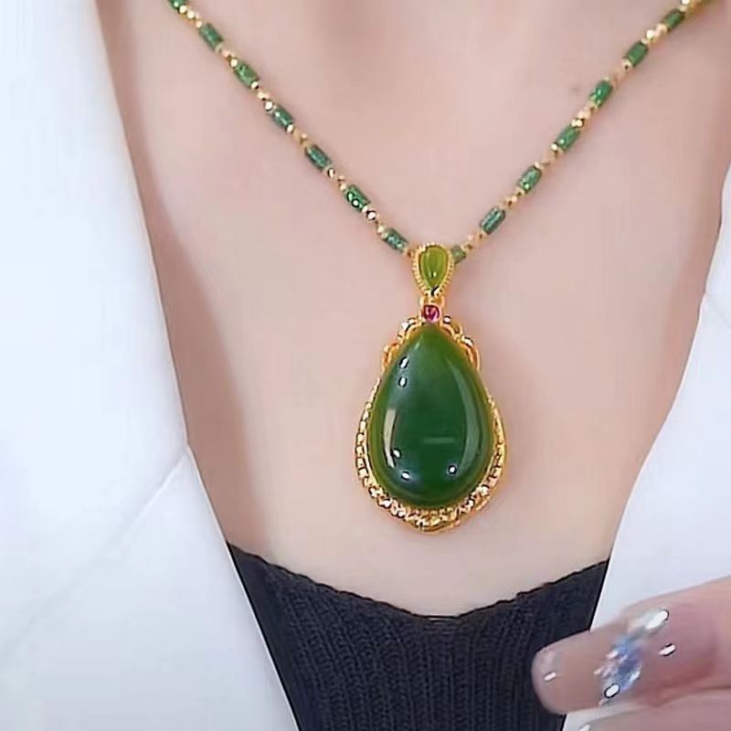 ยอดนิยมเลียนแบบ Jasper Water Drop ผู ้ หญิง Vintage สไตล ์ หรูหราและเรียบง ่ ายสร ้ อยคอสุภาพสตรีของขวัญวันเกิด