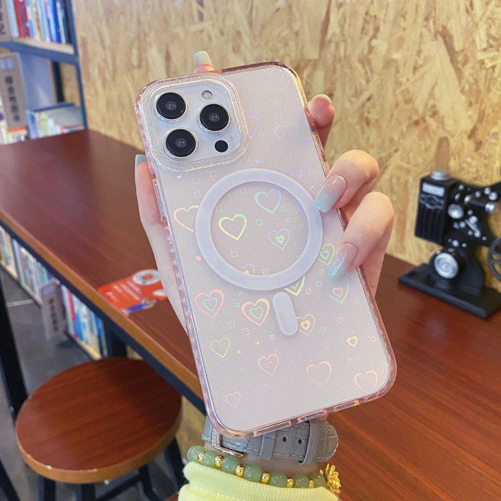 หรูหราเลเซอร์g Litter Loveเคสโทรศัพท์แม่เหล็กสําหรับiPhone 15 Pro Max 14 Plus 13 12 11 ปลอกกันกระแทกป้องกันเลนส์รวมทุกอย่างอะคริลิคฮาร์ดปกหลังIPhone