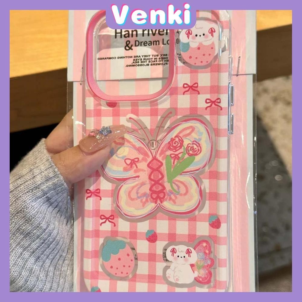 VENKI - สำหรับ iPhone 15 Pro Max เคสใส TPU ปุ่มชุบไฟฟ้าอ่อนป้องกันกล้องกันกระแทก ลายผีเสื้อสีชมพู เข้ากันได้กับ iPhone 14 13 12 11 XS XR 7Plus 8 Plus