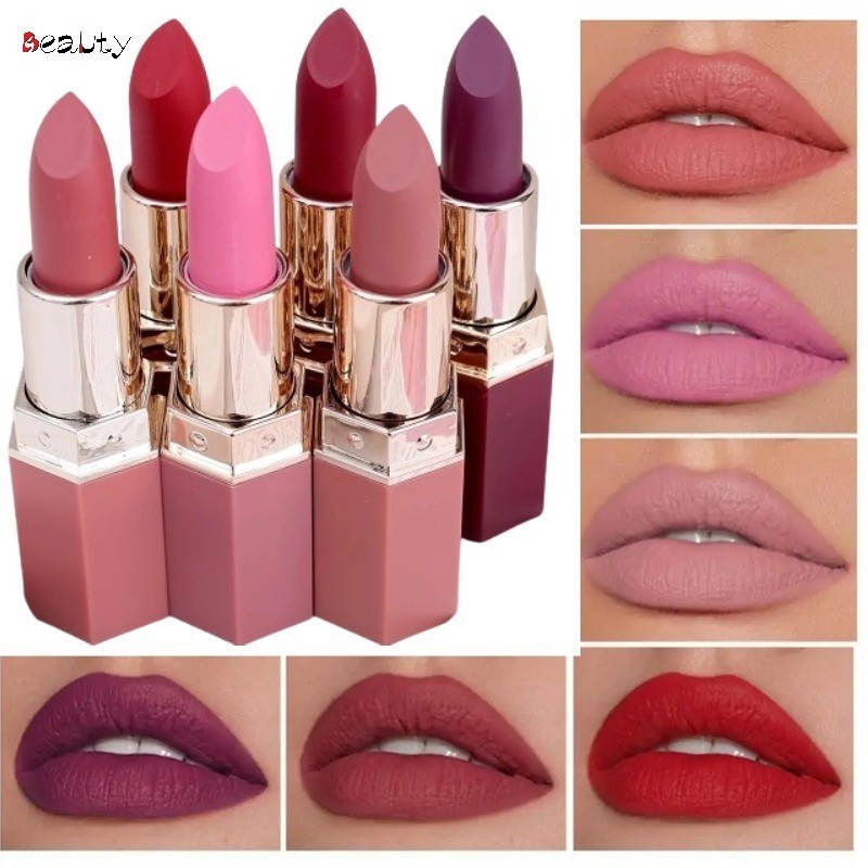 6 สีกันน้ํา Nude Matte ลิปสติก Moisturizing Lasting Velvet Smooth ลิปสติก Non-stick Cup Lip Tint แต่งหน้าเครื่องสําอาง