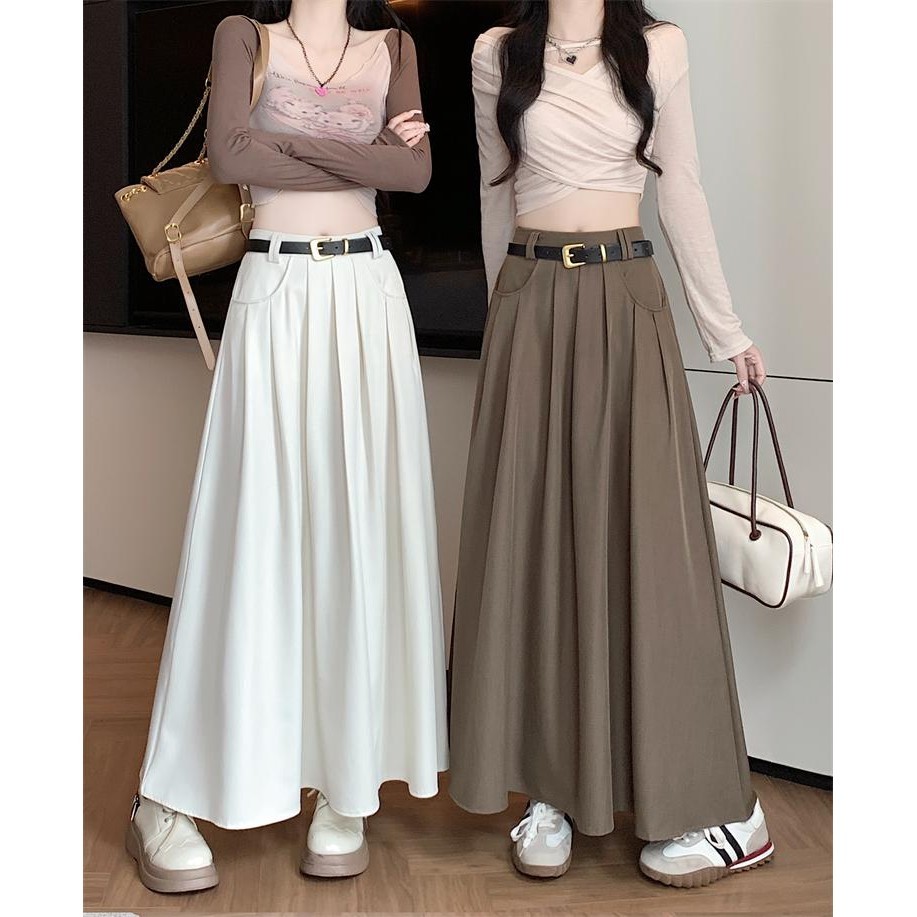 MIMI&DIDI.กระโปรงยาวปานกลาง สีขาว มีเข็มขัด กระโปรงจีบเอวสูงคลุมพุงสีดำ ทรงเอ แฟชั่น สไตล์เกาหลี มีสองกระเป๋า#882