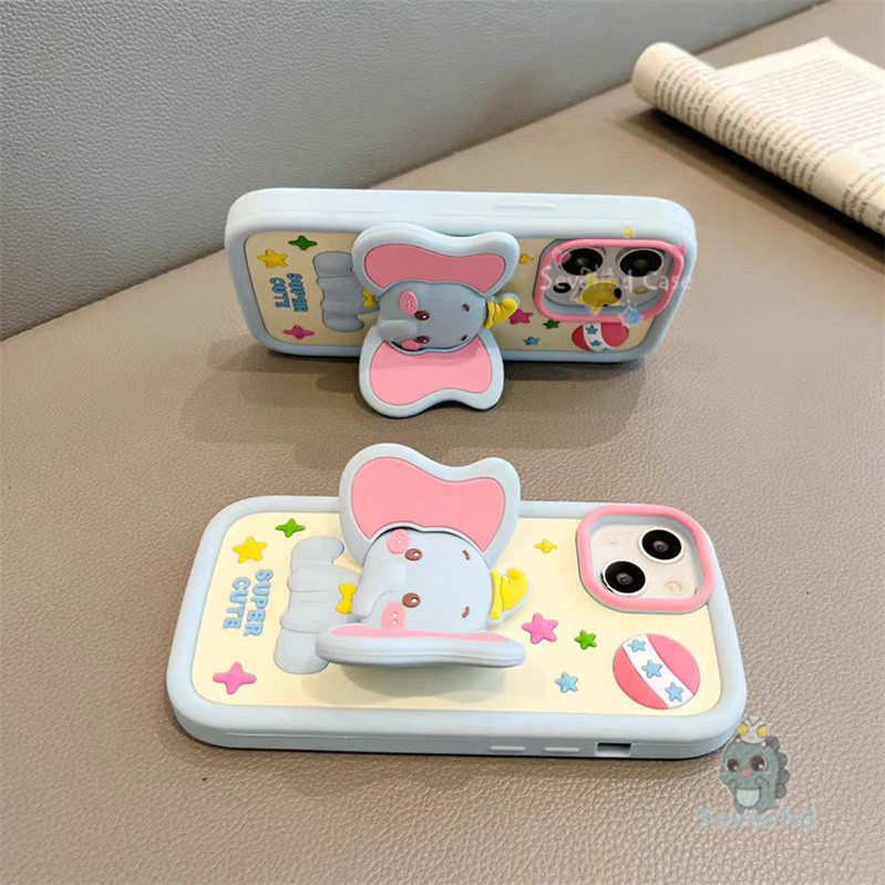ใช้งานร่วมกับสําหรับ iPhone 15 14 13 12 11 Pro Max หรูหรา 3D ซิลิโคนเคสโทรศัพท์คู่การ์ตูนน่ารักช้างน้อย Dumbo กันกระแทก Soft TPU ป้องกันปกหลัง