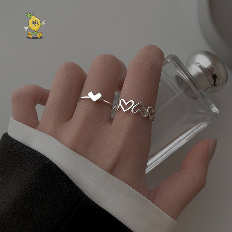 แฟชั่น Hollow Out Love Heart แหวนเรขาคณิตเปิด Niche ของขวัญเครื่องประดับ 2 ชิ้น [TH]