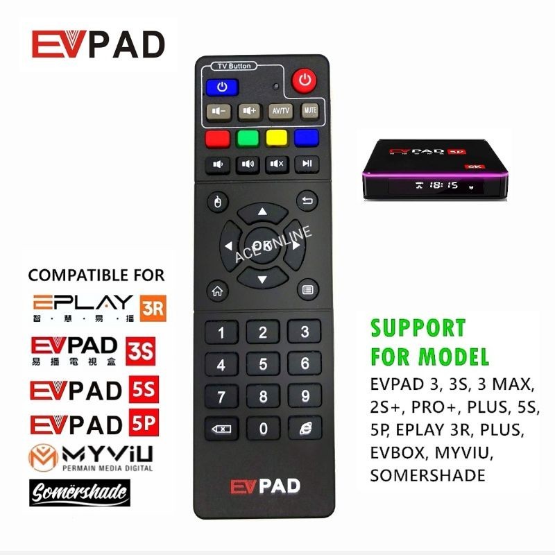 EVPAD รีโมทคอนโทรลทีวีเข้ากันได้กับ EPLAY 3R/ EVPAD 3S/MY/5S/5P somershade เครื่องเล่นทีวี