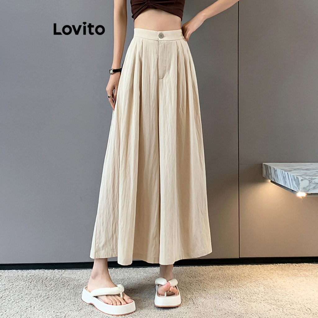 Lovito กางเกงขายาวผู้หญิง แต่งกระดุม แต่งจีบ สีพื้น สไตล์ลำลอง LNE47178