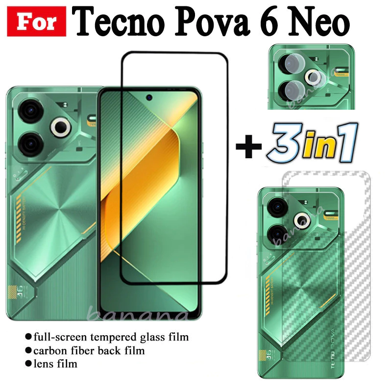 3 IN 1 Tecno Pova 6 Neo ฟิล์มกระจกนิรภัยสําหรับ Tecno Pova 6 Pro 5 Pro 4 Pro Camon 30 Pro คลุมทั้งหมดป้องกันหน้าจอกระจก + ฟิล์มเลนส์กล้อง + ฟิล์มด้านหลัง