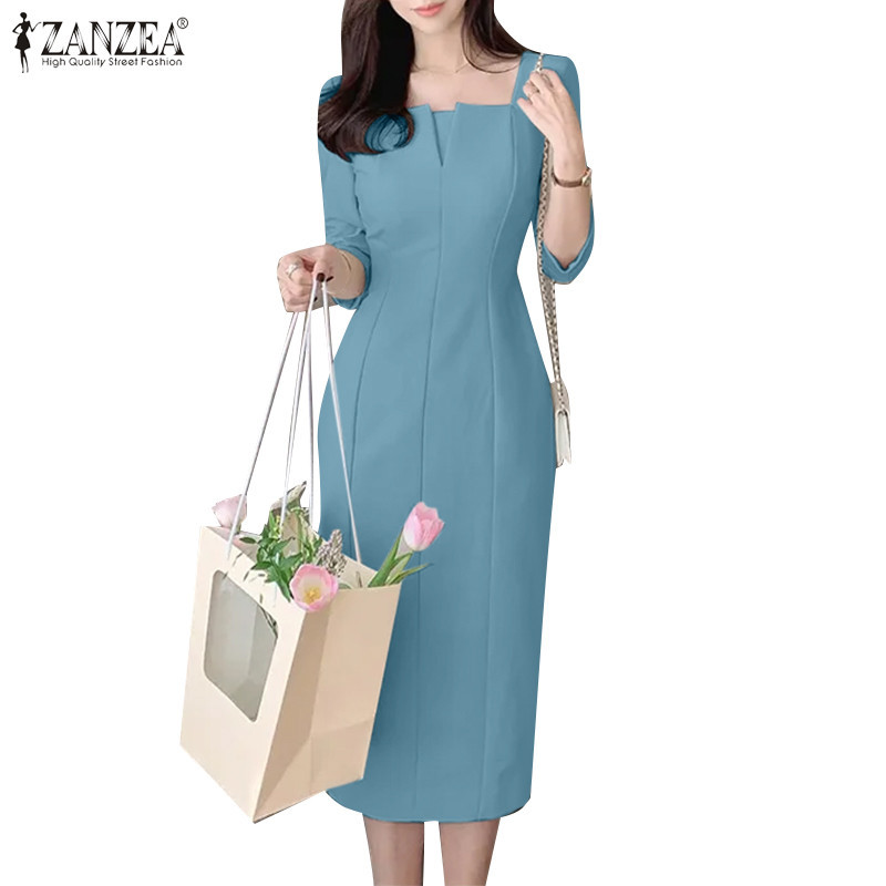ZANZEA ซานเซีย ผู้หญิงเกาหลีลําลองสแควร์คอปกสีทึบ3/4แขนชุด