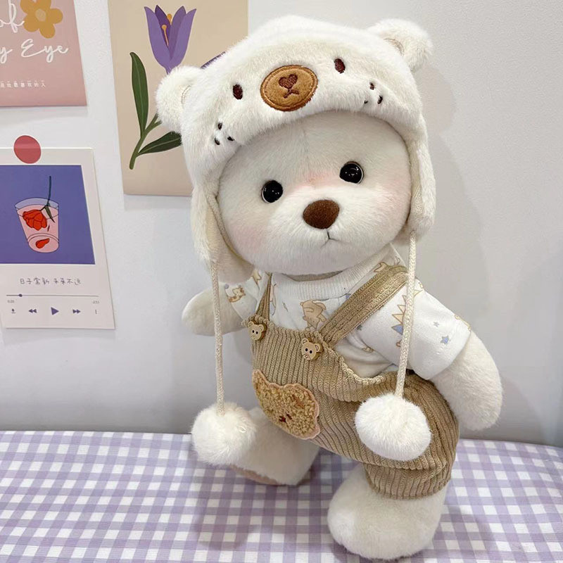 30 ซม.ขนาดกลาง Lena Joint Bear เสื้อผ้าหมีสีขาว Ball Cap Overalls ชุดตุ๊กตาหมีตุ๊กตาแต่งตัว