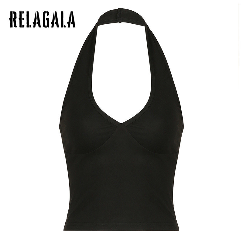 Relagala ผู้หญิง 2024 ใหม่แฟชั่น V คอ Halter Slim Fit อเนกประสงค์คอสีทึบ Crop Top