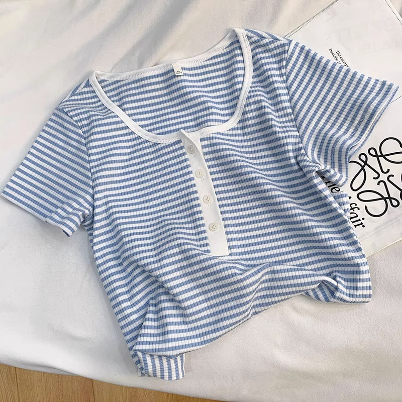 เสื้อ Oversize (40-150kg) Sweet Women Plus Size Short Sleeve Tshirt Striped Fashion Buttons T Shirt