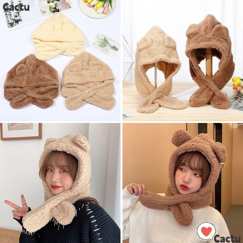 Cactu หมวกบีนนี่ ผ้าพันคอ ผ้ากํามะหยี่ขนนิ่ม กันลม ลายหมีน่ารัก ให้ความอบอุ่น หลากสี แฟชั่นฤดูหนาว สําหรับผู้หญิง