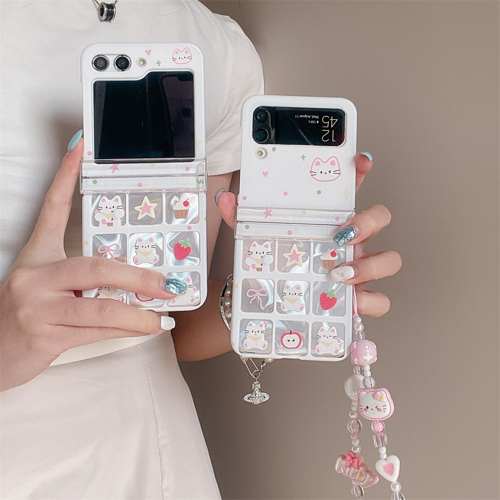 การ์ตูนแมวน่ารักพร้อมสร้อยข้อมือสําหรับ Samsung Galaxy Z Flip 3 4 5 6 5G เลเซอร์เคสโทรศัพท์ PC Hard กันกระแทกฝาครอบป้องกัน shell