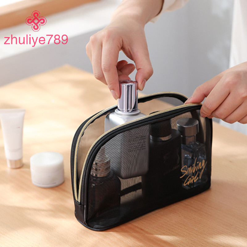 <zhuliye789> 1PCตาข่ายสีดํากระเป๋าเครื่องสําอางขนาดเล็กขนาดใหญ่กระเป๋าแต่งหน้ากระเป๋าซิปสําหรับสํานั