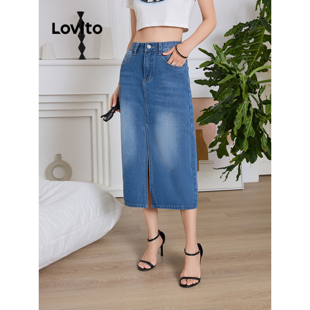 Lovito กระโปรงยีนส์ผู้หญิง แต่งผ่า สีพื้น สไตล์ลำลอง L91AD091