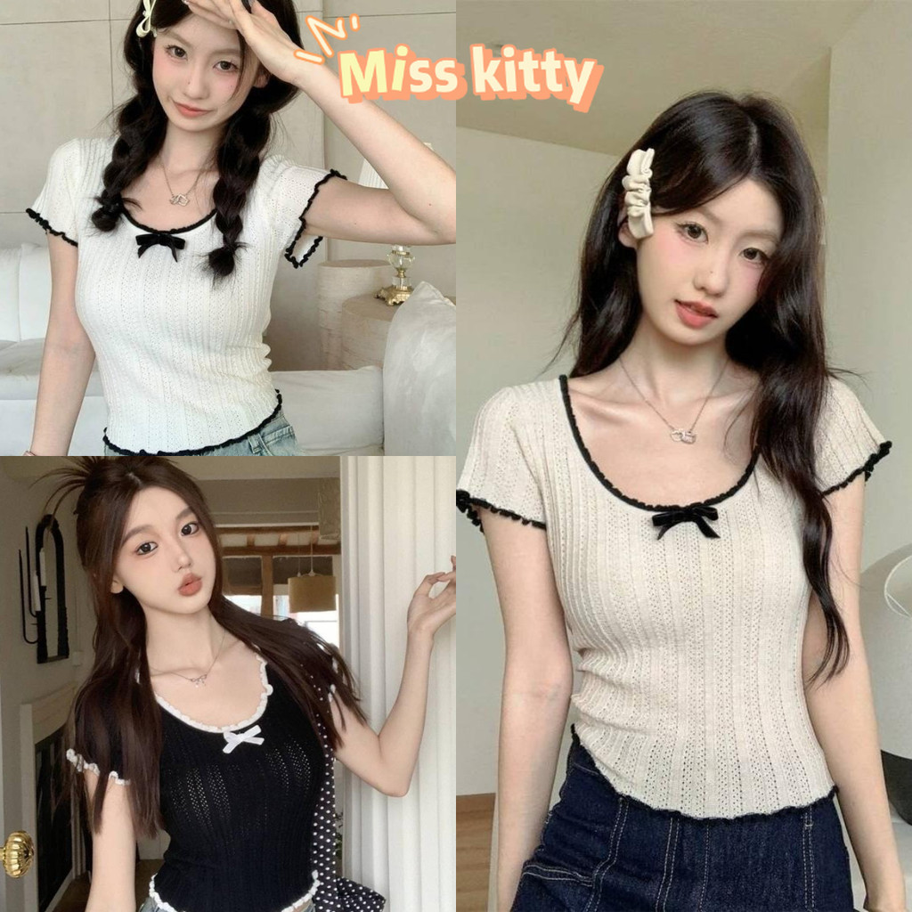 Miss Kitty🔥พร้อมส่ง🔥 เสื้อยืดผู้หญิง Knit 2024 Low Cut U-neck Striped Bowknot สไตล์ใหม่แขนสั้น *W044*