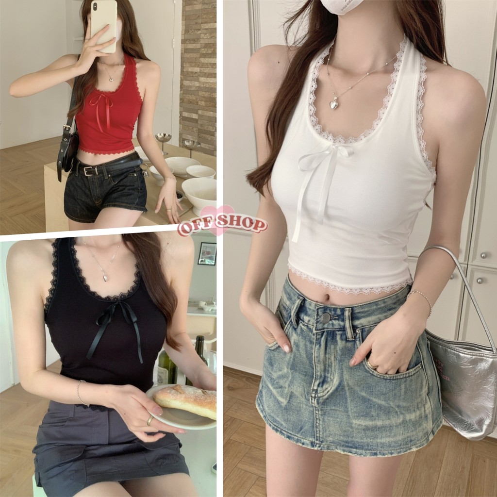 OFF SHOP ​ มีฟองน้ำ เสื้อคล้องคอ ยืดกำลังดี สีสดใสใส่สบาย เสื้อแฟชั่นผู้หญิง (FY10100)