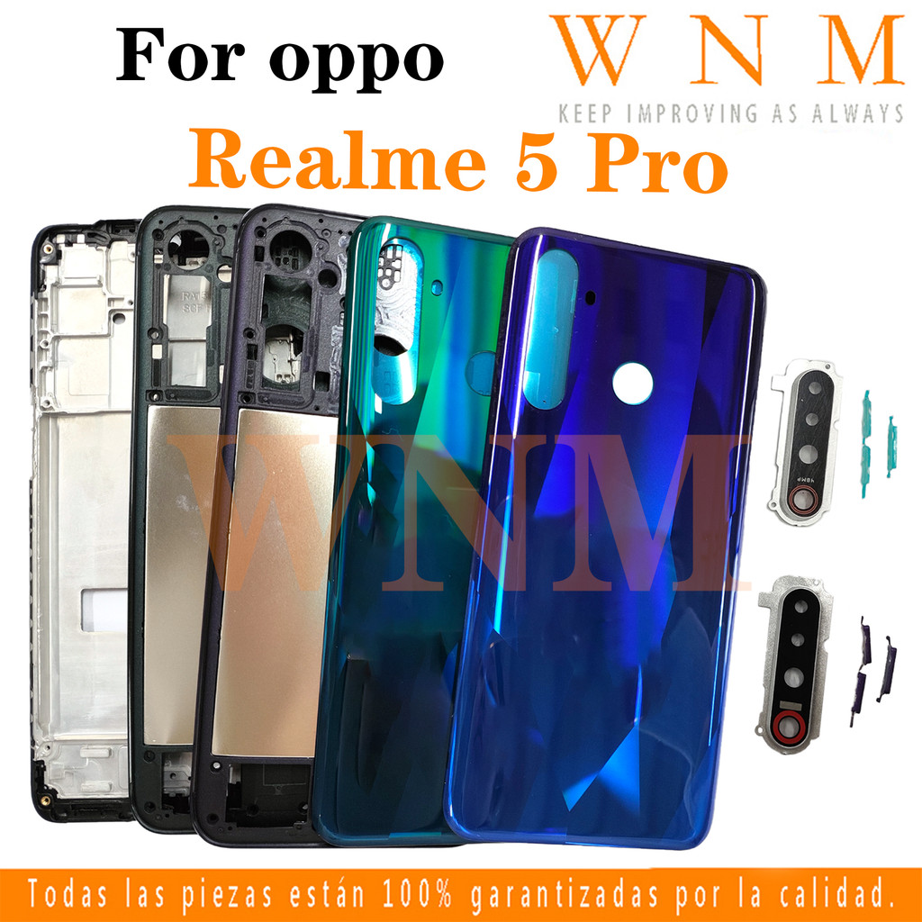 สําหรับ OPPO Realme 5 Pro RMX1971 RMX1973 LCD กรอบด้านหน้า Bezel ฝาหลังแบตเตอรี่ + กรอบกลาง + ชิ้นส่วนกรอบรูปกล้องด้านหลังกรณีที่อยู่อาศัยศูนย์แชสซีฝาครอบ