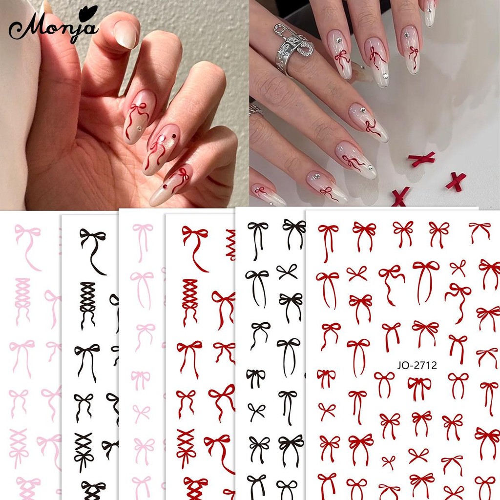 Monja สติกเกอร์เล็บ 3D Bowknot ริบบิ้นผีเสื้อ สีดํา สีแดง สีชมพู กาวตกแต่งเล็บ