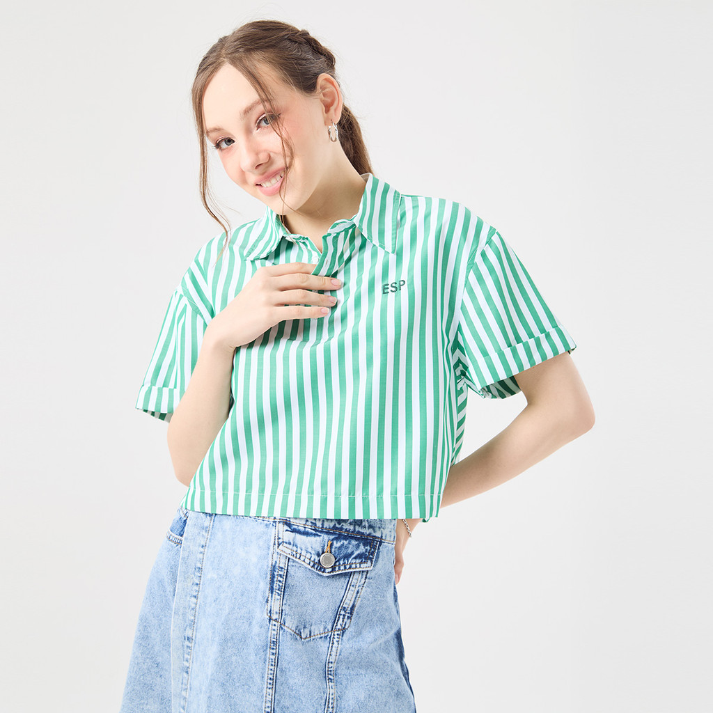 ESP เสื้อเชิ้ตครอปลายทาง ผู้หญิง สีเขียว | Striped Crop Shirt| 06309
