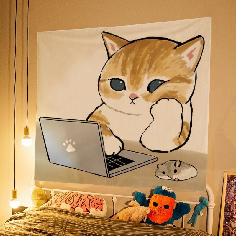 ผ้าพื้นหลังถ่ายภาพแมวอ้วนน่ารัก ตกแต่งหอพักนักเรียน ผ้าแขวนห้องนอน