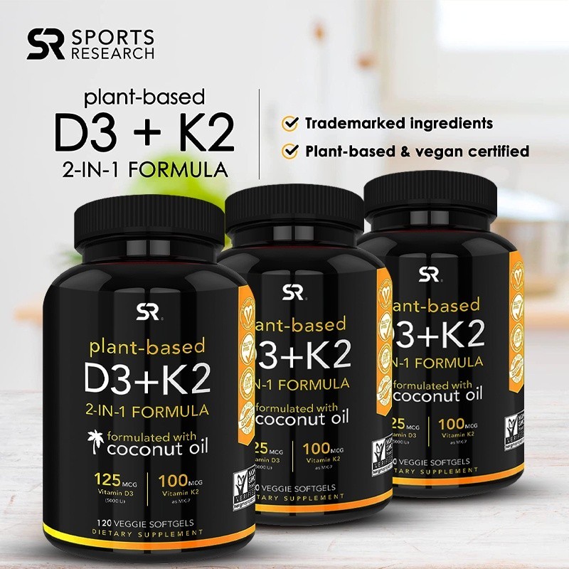 Vegan Vitamin D3+K2 Supplement with Organic Coconut Oil-5000iu Vitamin D with 100mcg Mk7 Vitamin K-S