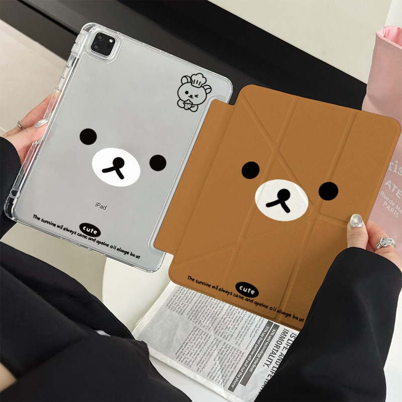 หลายมุมโปร่งใสป้องกันสําหรับ iPad Air 6th Gen 11 7/8/9th 10.2 10th Air4/5 10.9 11th Pro 11 M2 M4 2024 หมีน่ารักพร้อมผู้ถือปากกา Y-รูปกรณี