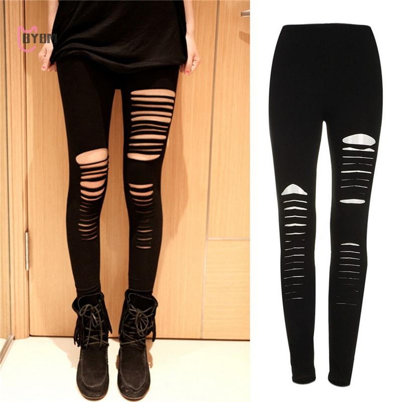 Hgth เซ็กซี่สีดํา Punk Ripped ฉีกขาด Slashed ตัดลายกางเกงขายาว Gothic Club	 ร้อน